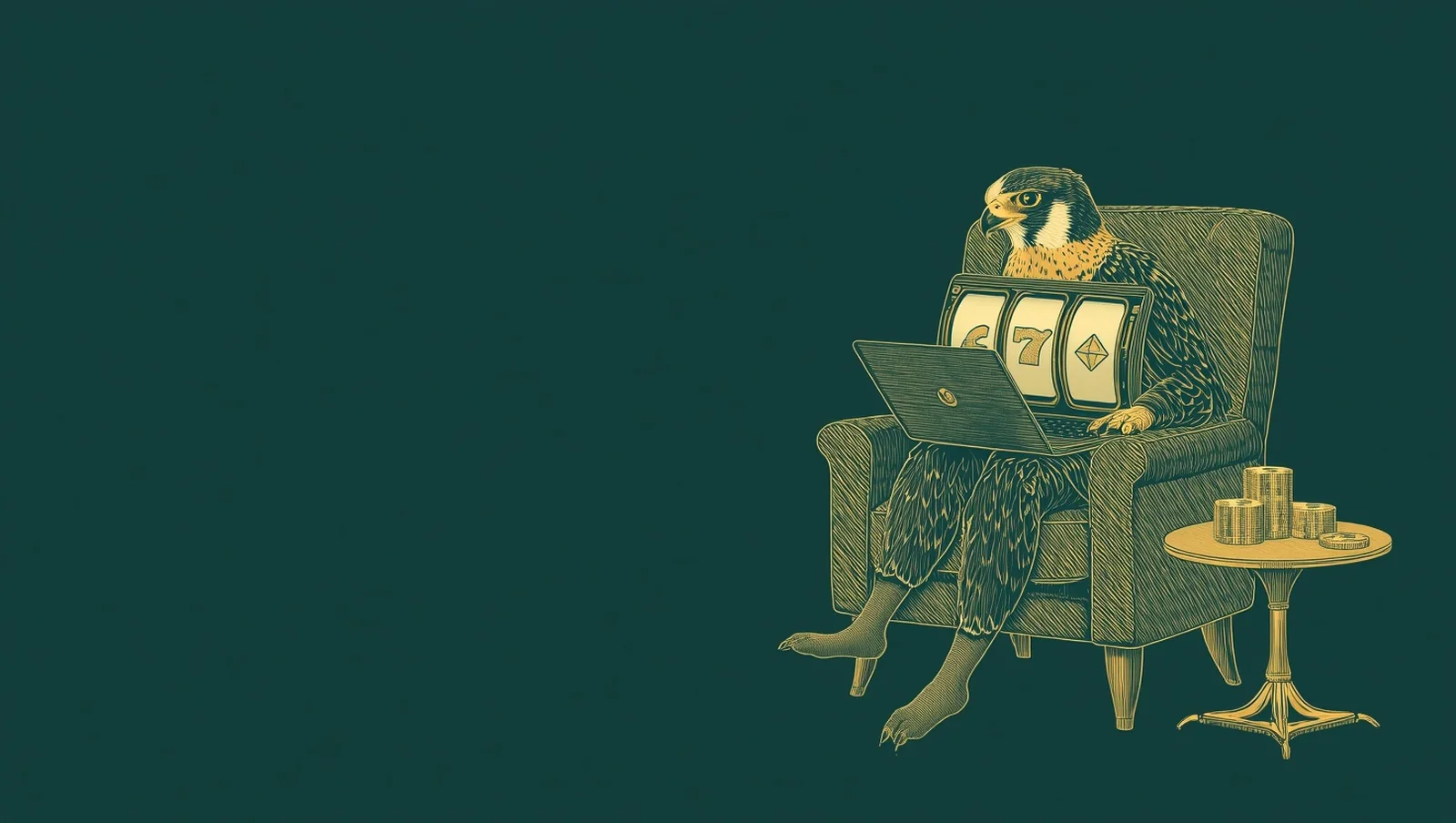 A falcon sitting in an armchair with a laptop, three slot reels spinning on the screen and stacks of crypto coins on the table beside it