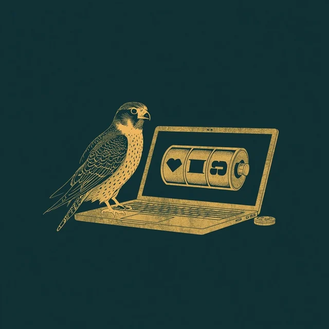 A falcon beside an open laptop whose screen shows three slot reels, drawn in brass line